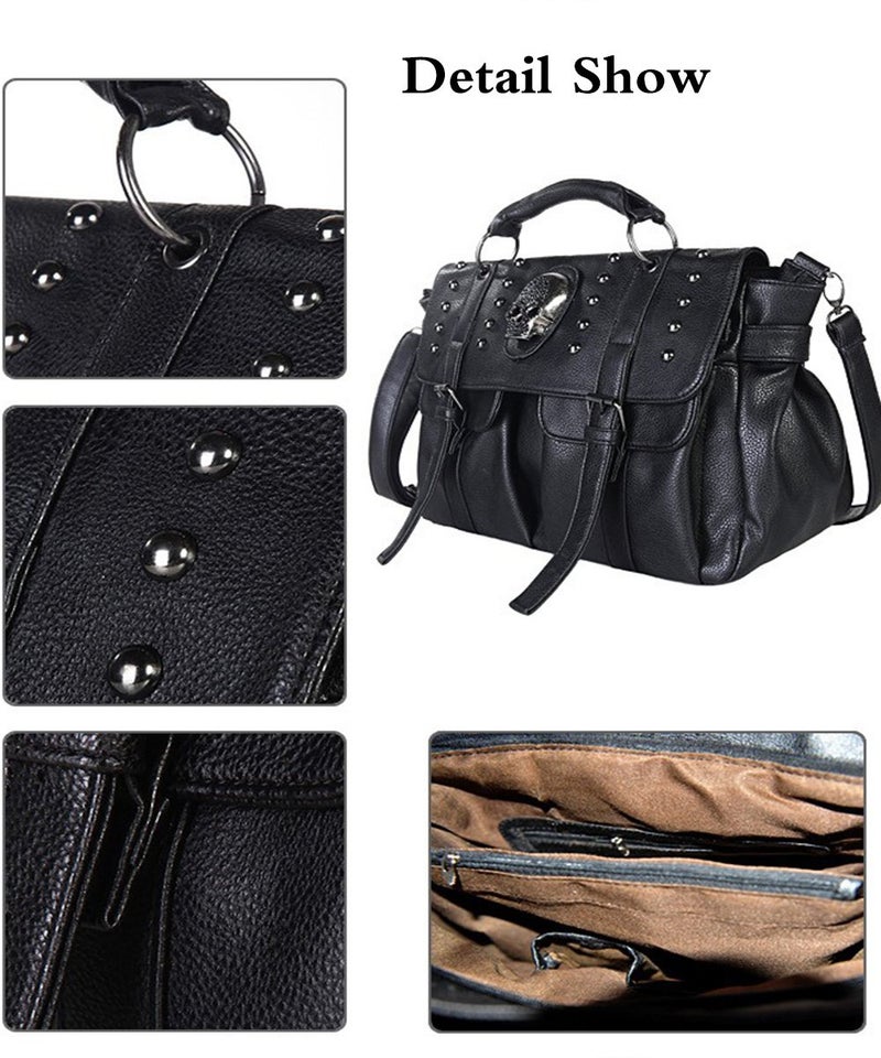 FiveloveTwo Personality Womens Handbag Purse Skull Rivet Top Handle Shoulder Crossbody Bag Middle Punk Satchel Tote Blackâ€¦ - Image 4